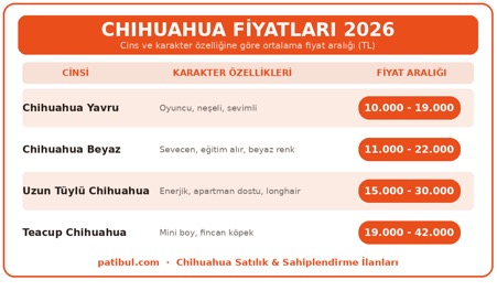 Chihuahua yavru, yetişkin, kısa tüylü ve uzun tüylü bireyler için 2026 fiyat aralıkları