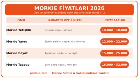 Morkie yavru, yetişkin, teacup ve beyaz bireyler için 2026 fiyat aralıkları